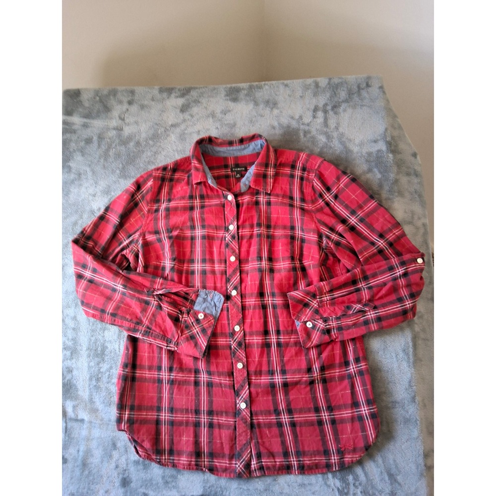 Talbots Red Plaid Metallic Gold Thread Roll Tab Sleeve Button Down Shirt Women M